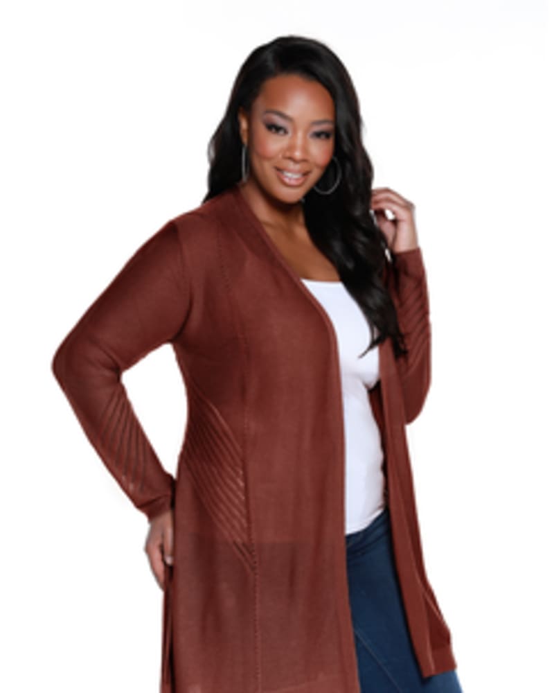 Front of a model wearing a size 1X Allison Pointelle Open Front Cardigan in Rust by Belldini Black Label. | dia_product_style_image_id:246077